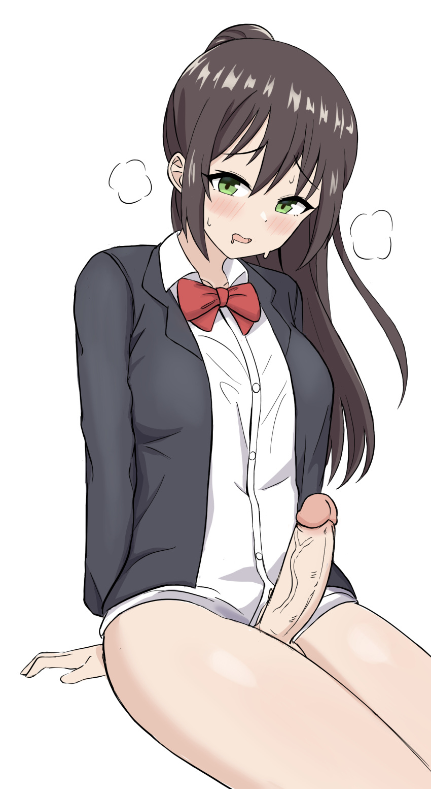 1futa 2023 2d balls ballsack barely_visible_balls big_breasts big_penis blush bottomless bowtie breasts brown_hair button_down_shirt clothed clothing collared_shirt color erection foreskin foreskin_folds futa_only futanari green_eyes hi_res human intact kurofuro light-skinned_futanari light_skin long_hair looking_at_viewer noseless open_mouth partially_clothed penis retracted_foreskin scrotum simple_background sitting solo testicles thighs toony uncut vein veiny_penis white_background