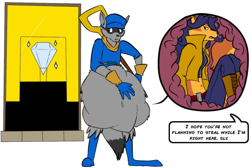 big_belly blue_boots blue_hair blue_hat blue_pants blue_shirt brown_boots cane carmelita_fox datblangry diamond earring endosoma female female_prey fox fox_girl internal_view male male_pred raccoon raccoon_boy safe_vore sanzaru_games sly_cooper sly_cooper_(series) sneaking soft_vore sucker_punch_productions talking_to_pred tan_jacket vore vore_belly