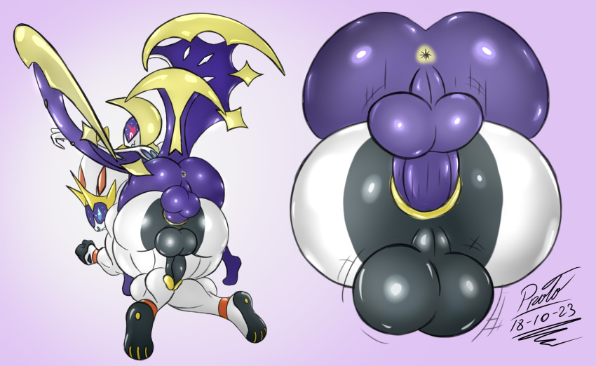 2023 anthro anthro_penetrated anthro_penetrating ass balls bat big_butt black_balls blue_eyes doggy_style duo felid from_behind_position fur generation_7_pokemon genitals hi_res legendary_pokemon lunala male male/male male_penetrated male_penetrating male_penetrating_male mammal membrane_(anatomy) membranous_wings nintendo penetration pink_eyes pokemon pokemon_(species) protoschwarz purple_body sex simple_background smile solgaleo tail white_body white_fur wings