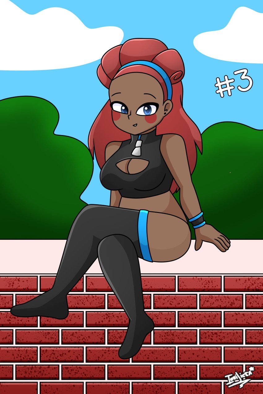 1girls alternate_version_available blue_eyes clothed clothed_female dark-skinned_female fhs fhsz3r0 fnafhs fnafhs_z3ro fnafhsrule34 iori_licea long_hair medium_breasts red_hair sitting smile smiling smiling_at_viewer tagme thick_thighs thighhighs thighs toddy_(fnafhs)