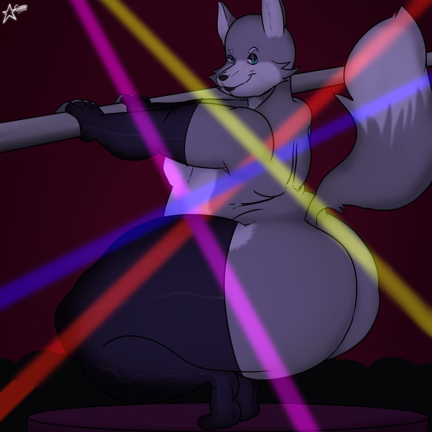 absurd_res anthro ass bedroom_eyes big_butt canid canine canis chubby_male clothing cosmosarts dancer_outfit dancer_position gloves handwear hi_res inviting latex_gloves latex_stockings male mammal narrowed_eyes seductive solo spicy_(spicytap) thick_thighs wide_hips wolf