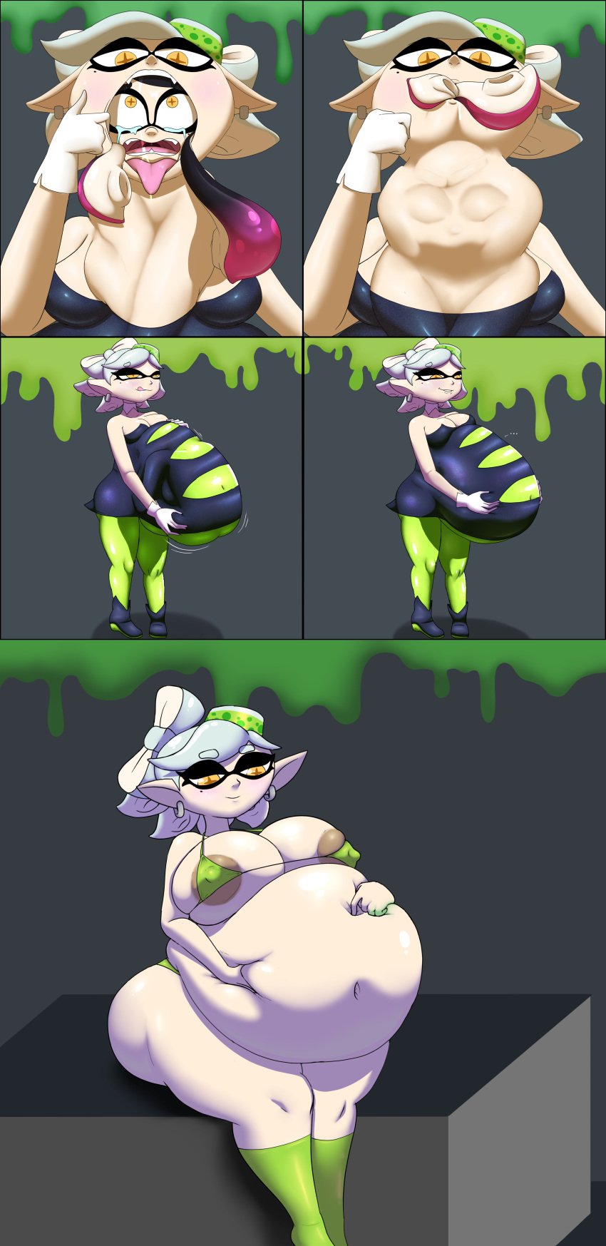 2girls belly belly_bulge big_belly big_belly_bulge big_breasts black_hair breast_expansion breasts callie_(splatoon) digestion face_imprint female female_focus female_only female_pred female_prey inkling jackheretherealone light-skinned_female light_skin marie_(splatoon) multiple_girls nintendo oral_vore post_digestion post_vore same_size_vore soft_vore splatoon tears thick_thighs thigh_expansion thighs throat_bulge unwilling_prey video_game_character video_games vore vore_belly white_hair willing_pred