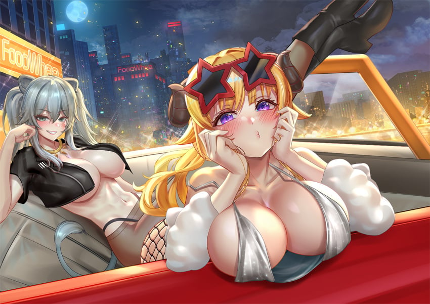 2girls city_background dress holoforce hololive hololive_gen_5 hololive_japan jagoo_(artist) large_breasts leather looking_at_viewer night no_bra shishiro_botan tsunomaki_watame virtual_youtuber