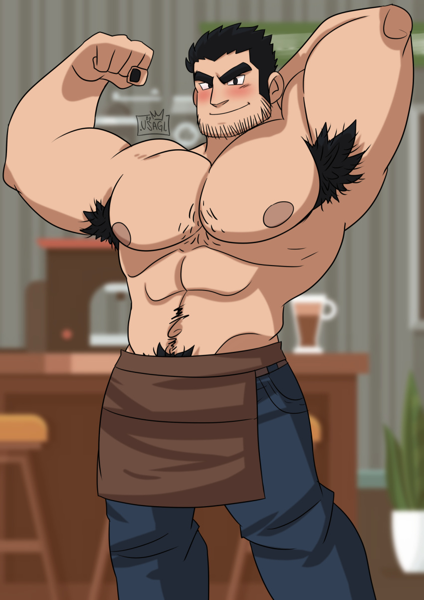 1boy 2023 arm_behind_head armpit_hair bara bara_tits barazoku beard_stubble black_hair blush clothing flexing_bicep gay hairy_male looking_at_viewer lucas_lee male male_focus male_nipples male_only male_pubic_hair manly muscular_male nipples scott_pilgrim solo solo_male usagi_(artist)