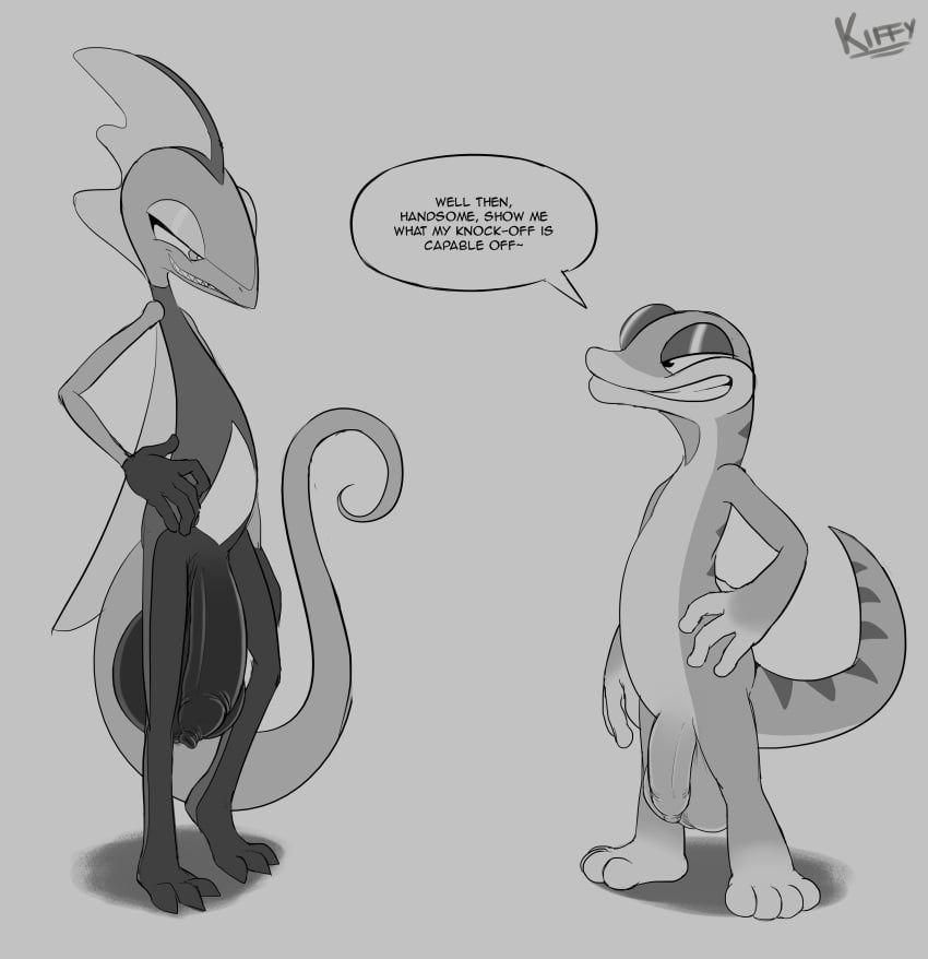 3_toes 4_fingers 4_toes 5_fingers absurd_res anthro ball_size_difference balls bedroom_eyes big_balls big_cock big_penis crossover dialogue duo feet fingers foreskin gecko genitals gex_(series) gex_the_gecko hi_res huge_balls huge_cock huge_penis inteleon kiffy220 kiffy_(artist) long_tail male male/male male_only non-human non-human_only nude open_mouth penis penis_size_difference png pokemon pokemon_(species) rape_face smiling_at_partner tail toes toony video_games