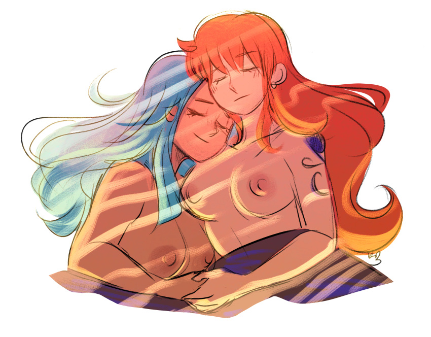 2girls arm_tattoo artist_signature blue_hair breasts casual_nudity closed_eyes completely_nude cuddling female female_only holding_hands long_hair nami nefertari_vivi nipples okaybeex one_piece orange_hair post-timeskip romantic romantic_couple sketch sleeping smile spicykellybear tattoo under_covers wholesome