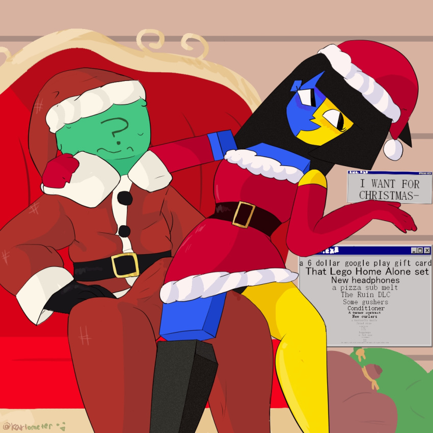 1boy 1girls 2022 anon artist_name black_eyes black_hair blue_skin christmas ena erection getting_erect green_skin holidays joel_g karlometer mall_santa multicolored_body nervous newgrounds polygonal precum question_mark santa_costume santa_hat sitting sitting_on_lap sitting_on_person two-tone_skin two_tone_body wet_pussy wet_spot wet_spots yellow_skin