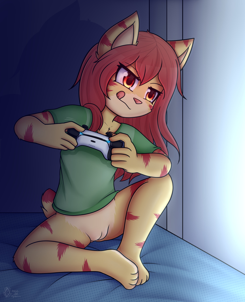 1girls absurd_res anthro bed bottomless clothed clothing controller cub domestic_cat dream_mirage felid feline felis female furniture gaming genitals hi_res mammal playing_videogame pussy sitting solo teenager young