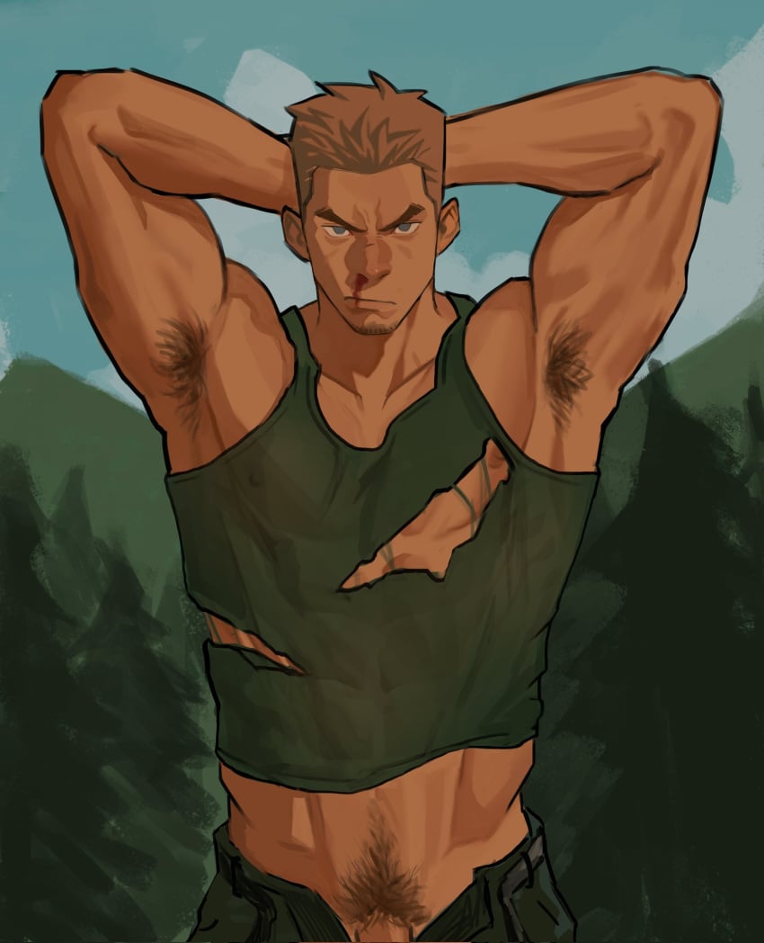 1boy armpit_hair arms_behind_head bara blood covered_nipples cowboy_shot edeued_(dpemrmfla) facial_hair forest goatee goatee_stubble green_tank_top highres looking_at_viewer male_focus male_only mature_male midriff_peek muscular muscular_male nature navel_hair no_male_underwear nosebleed open_fly original out-of-frame_censoring pectorals penis penis_out_of_frame penis_peek shirt short_hair sidepec solo tank_top thick_eyebrows torn_clothes torn_shirt