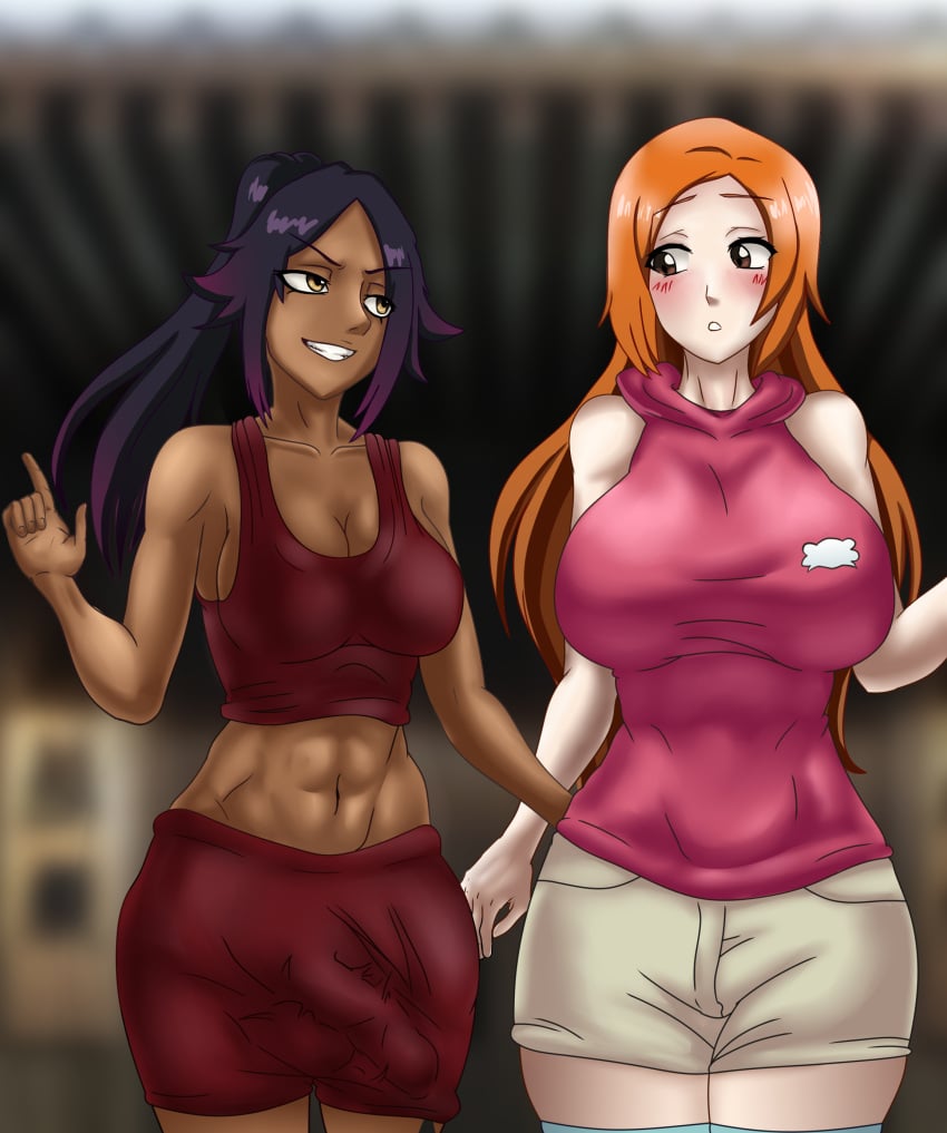 1futa 1girls abs ass_grab background big_breasts big_penis bleach blush breasts brown_eyes cheating clothed clothing cucked_by_futa cuckold dark-skinned_futanari dark_hair detailed_background duo erection erection_under_clothes female fit_futanari fully_clothed futa futa_on_female futanari hoodie huge_breasts human inoue_orihime legwear light-skinned_female light_skin long_hair netorare nipples ntr orange_hair penis purple_hair shihouin_yoruichi short_hair shorts smiling sportswear standing suggestive surprised voluptuous_female xaxy_08 yellow_eyes