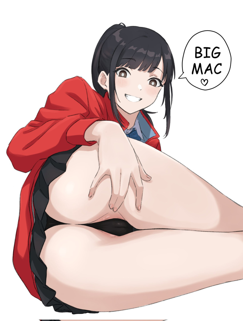 1girls artist_request ass big_ass big_breasts big_mac big_thighs black_hair dialogue domai000 female female_only girlfriend_(japanese_mcdonald's_commercial) huge_ass huge_breasts huge_thighs human jacket looking_at_viewer mcdonald's panties pussy skirt smile smiling smiling_at_viewer solo spread_pussy_under_clothes spreading tagme text thick_hips thick_thighs thighs yoru_mac