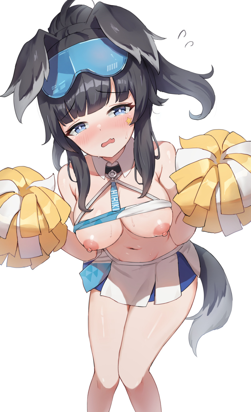 1girls absurdres animal_ears black_eyes blue_archive blue_eyes blush breasts breasts_out bright_pupils cheerleader commentary crop_top dog_ears dog_girl dog_tail engineering_department_(blue_archive) feet_out_of_frame female goggles goggles_on_head hibiki_(blue_archive) hibiki_(cheer_squad)_(blue_archive) hibiki_(cheerleader)_(blue_archive) highres holding holding_pom_poms jag_ging leaning_forward looking_at_viewer medium_breasts millennium_cheerleader_outfit_(blue_archive) millennium_science_school_student miniskirt nipples official_alternate_costume open_mouth pom_pom_(cheerleading) side_ponytail simple_background skirt solo tail white_background