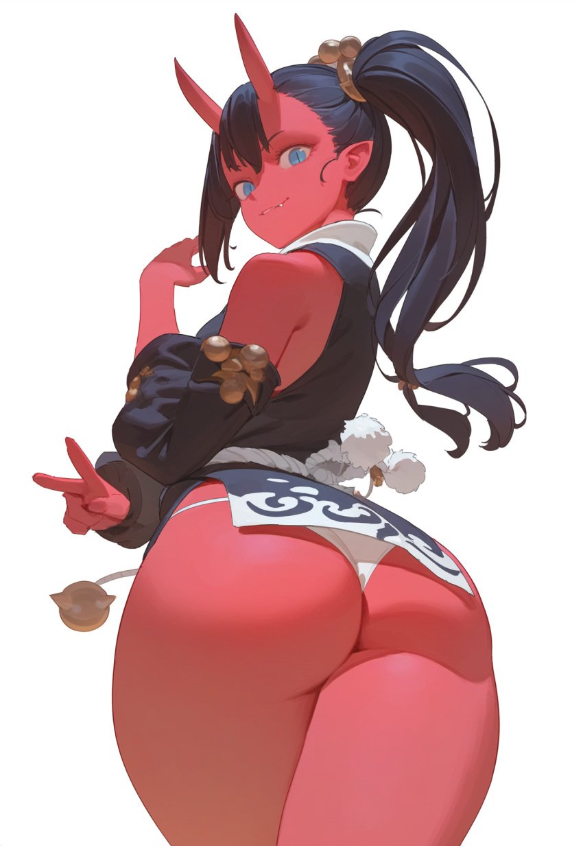 ass ass_focus back black_hair black_shirt blue_eyes colored_skin cowboy_shot demon demon_girl detached_sleeves fang_out female from_behind highres horns huge_ass japanese_clothes lividy long_hair looking_back oerba_yun_fang oni oni_horns original panties pointy_ears ponytail rear_view red_skin shirt side_ponytail simple_background sleeveless sleeveless_shirt slit_pupils solo thick_thighs thighs underwear v white_background white_panties youkai