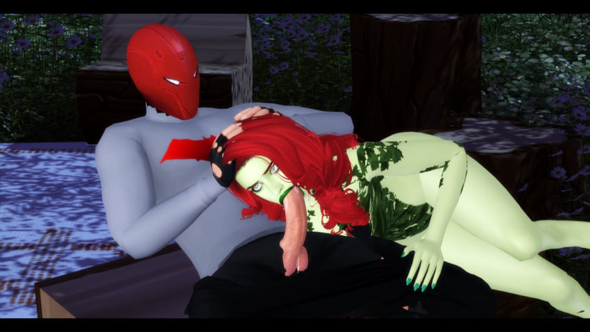 1boy 1girls 3d batman_(series) blowjob dc dc_comics face_fucking fellatio female green_eyes green_skin jason_todd male night pamela_isley pof3445 poison_ivy red_hair red_hood_(dc)