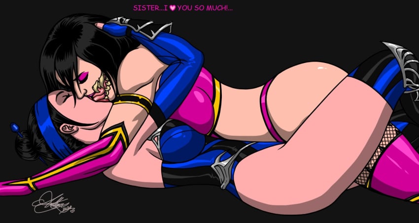 2d 2girls black_hair blue_clothing clone closed_eyes dark_background edenian extreme_french_kiss female female_only french_kiss hair_bun hand_on_head head_grab headband incest kaywest kissing kitana kitana_(mk11) kiteena laying_down leggings leotard long_hair long_tongue makeout makeup mileena monster_girl mortal_kombat mortal_kombat_11 multiple_girls open_mouth pink_outfit selfcest short_hair sisters skimpy_clothes tongue underwear yuri