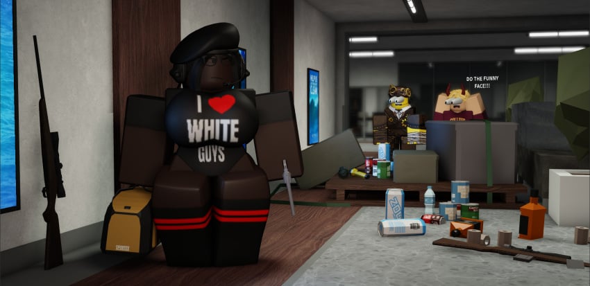 1girls 2boys 3d clothed cometrr34 dark-skinned_female eyes_popping_out female_focus gun roblox roblox_avatar roblox_game robloxian self_upload tagme text those_who_remain