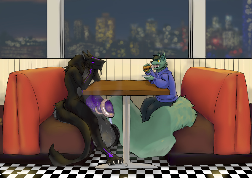 absurd_res anthro balls big_(disambiguation) big_balls big_penis bodily_fluids canid canine canis clothed clothed_sex clothing diner duo eating eating_food fat_balls finally_i_can_eat_in_peace food genital_fluids genitals hi_res huge_balls huge_cock hyper hyper_balls hyper_genitalia hyper_penis invalid_tag long_tongue male male/male mammal nude nude_anthro nude_male oral penis precum public public_nudity public_oral public_sex restaurant saliva sergal sex steam sweat sweaty_balls sweaty_genitalia tafy tafy_tail tail tail_mouth tongue unusual_anatomy unusual_tail wet wolf