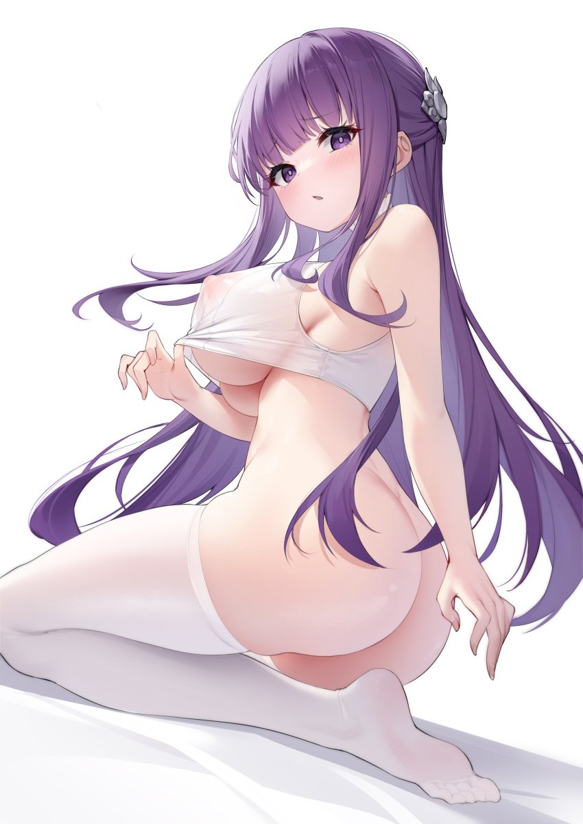 absurdres ass blunt_bangs blush bottomless breasts covered_nipples crop_top feet female fern_(sousou_no_frieren) floating_hair from_below from_side highres k.t.cube large_breasts legs long_hair looking_at_viewer no_shoes open_mouth purple_eyes purple_hair purple_pupils see-through seiza sideboob sidelocks simple_background sitting soles solo sousou_no_frieren thighhighs toes underboob undressing very_long_hair white_background white_thighhighs