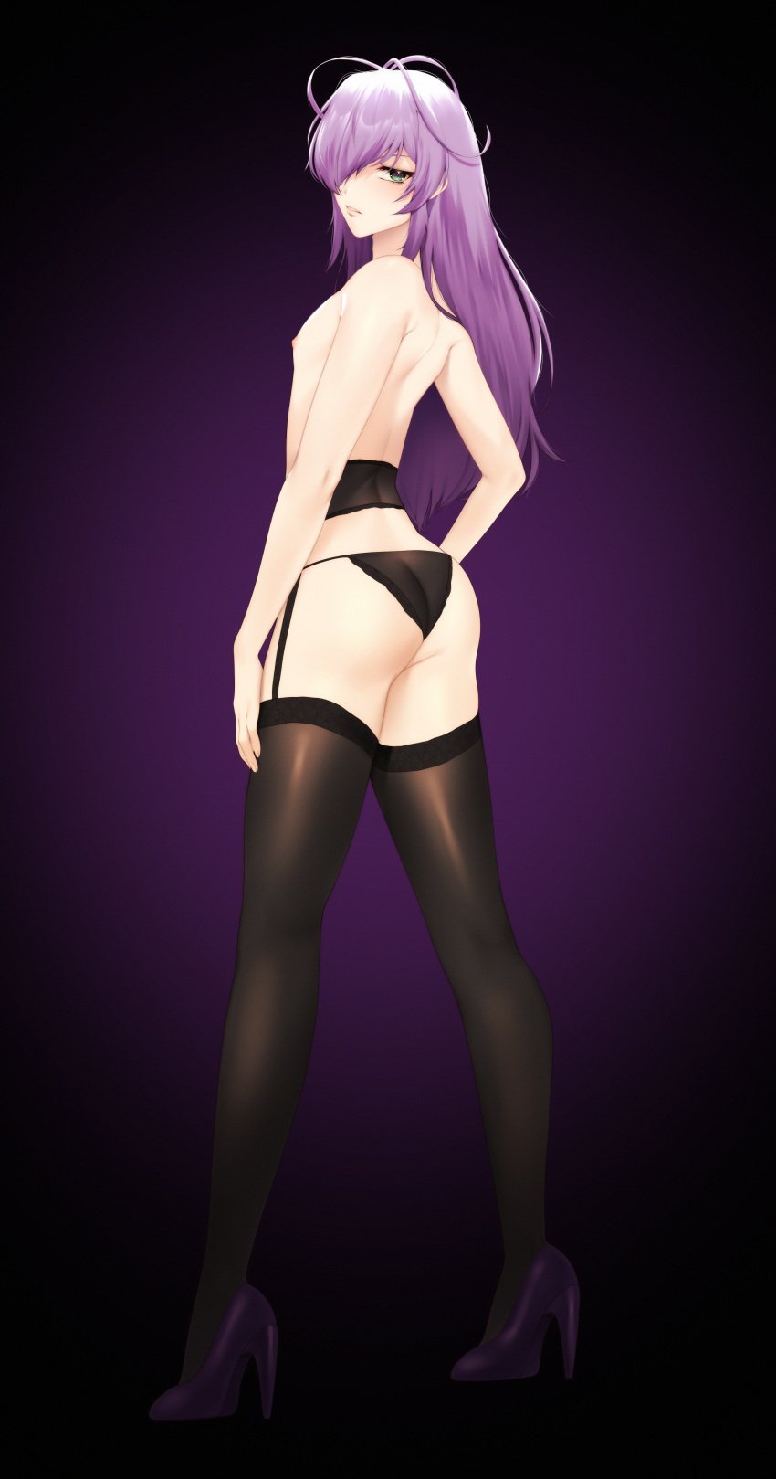 back_view crossdressing femboy gomi-cake green_eyes high_heels long_hair looking_at_viewer male_only panties purple_hair stockings