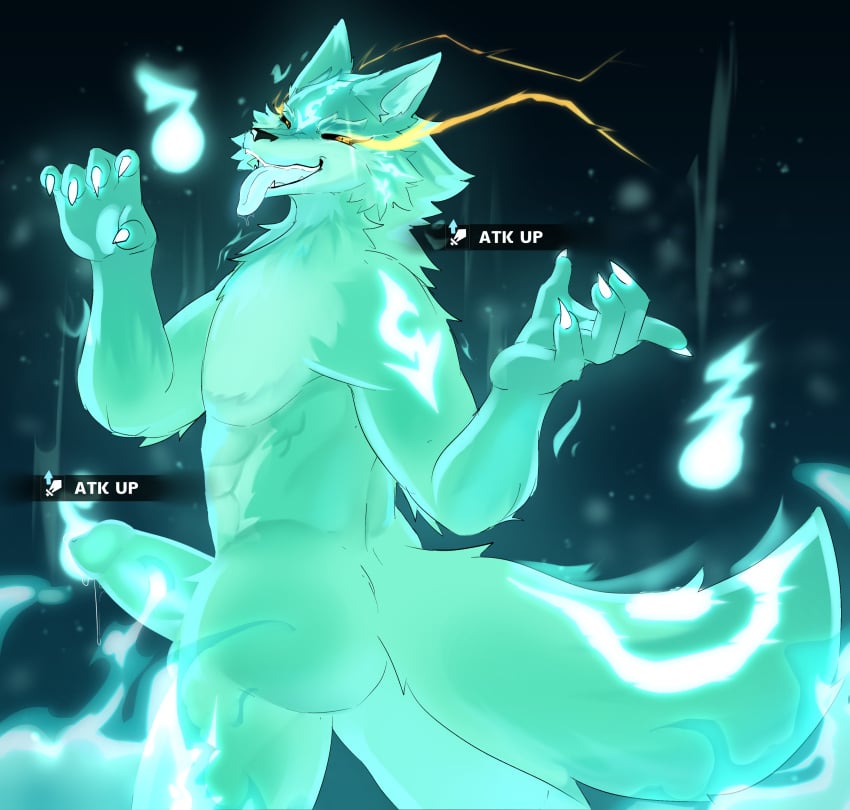 absurd_res anthro bluefoxzaza canid canine fire flaming_hair flaming_mane flaming_orb flaming_tail fox genitals hi_res honkai:_star_rail honkai_(series) male male/male mammal mihoyo mr_tail_(honkai:_star_rail) penis pseudo_hair pseudo_mane shipo_(honkai:_star_rail) solo tail