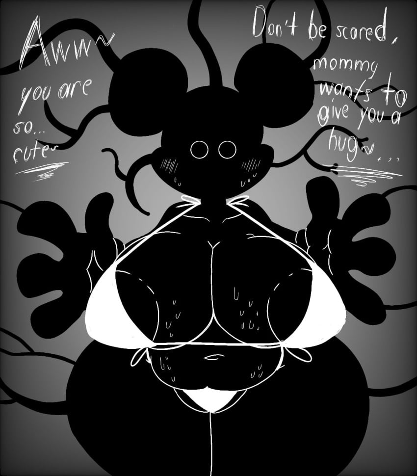 4_fingers anthro belly big_belly big_breasts black_body black_eyes blush breasts english_text female fingers five_nights_at_freddy's five_nights_at_treasure_island fnati genitals hi_res mammal mother_(oblitus_casa) mouse murid murine navel oblitus_casa pussy rodent solo tagme text thedeathcrow05 thick_thighs unique_style