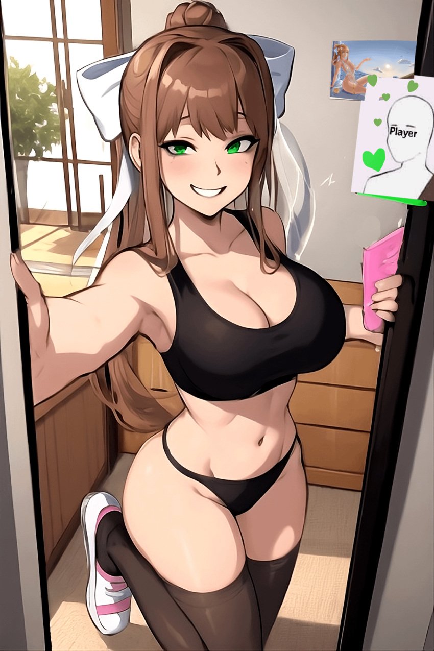 ai_generated big_bow big_breasts brown_hair doki_doki_literature_club green_eyes hair_bow hair_ribbon long_hair long_socks monika_(doki_doki_literature_club) panties small_waist socks sports_bra sportswear tail thick_thighs thigh_high_stockings thigh_highs thighhighs underwear wide_hips