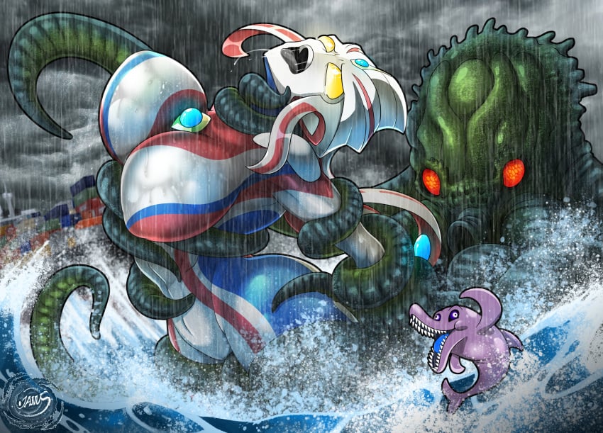 ass big_ass big_breasts big_thighs breasts cthulhu dolphin female giant_female giantess gigantic_ass gigantic_breasts gigantic_thighs holding_arms holding_legs huge_ass huge_breasts huge_thighs janus_jammy male ocean oceanic_dolphin octopus open_mouth original original_character rain raining saliva salivating tagme tentacle tentacle_rape tentacle_sex tentacles thick_hips thick_thighs thighs water wet wet_body yellow_eyes