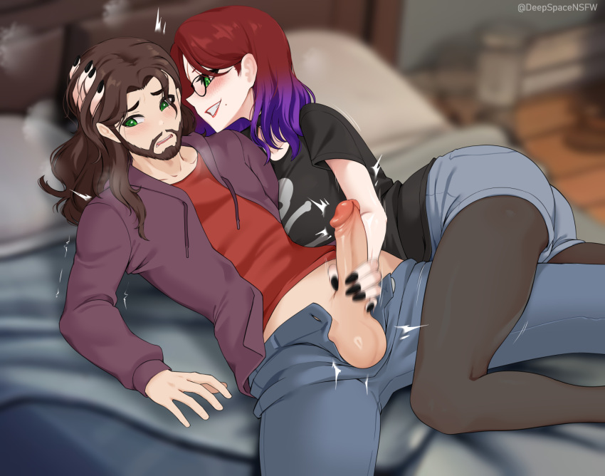 2d artist_name clothed_sex cock commission deepspace dick glasses goth goth_girl handjob hi_res male masturbation mole nsfw oc original original_character original_characters pantyhose pantyhose_under_shorts penis punk punk_girl purple_hair red_hair watermark