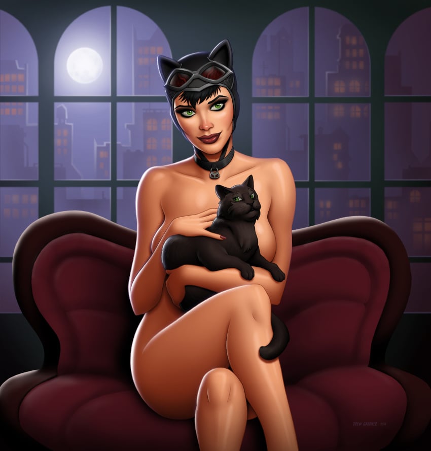 1female 1girls animal ass bare_legs batman_(series) black_cat black_hair breasts catwoman catwoman_(arkham) catwoman_(arkham_city) choker collar crossed_legs dc_comics drew_gardner exposed_breasts eyeliner feline female female_only fully_nude green_eyes headwear legs legs_crossed lipstick looking_at_viewer makeup mascara naked naked_female no_clothes nude nude_female pet selina_kyle shiny shiny_skin short_hair sitting sitting_on_sofa sofa solo solo_female thighs