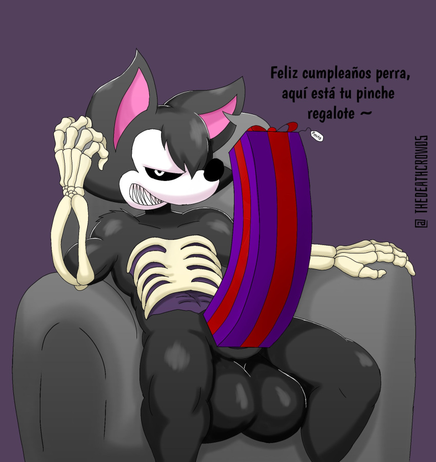 anthro balls black_body black_hair bone canid canine canis crow_(thedeathcrow) furniture genitals gift hair hi_res male mammal simple_background sofa solo spanish_text teeth text thedeathcrow05 white_eyes wolf