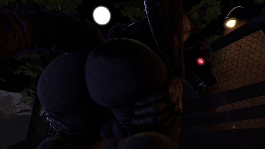 3d 3d_(artwork) aidenz anthro ass balls big_ass big_butt fangs glowing_eyes hand_on_thigh looking_at_viewer looking_back male presenting presenting_hindquarters red_eyes solo uncle_aiden werecanid werewolf