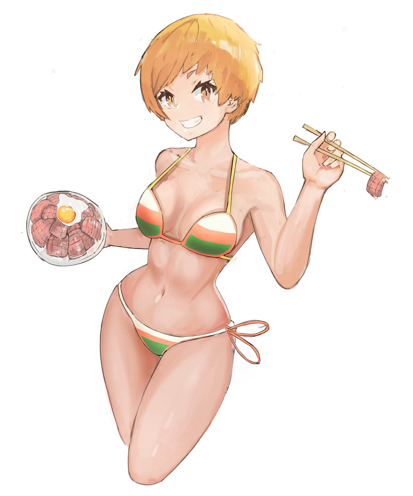 1girls bikini breasts female food persona persona_4 satonaka_chie short_hair simple_background smile solo tefiblum