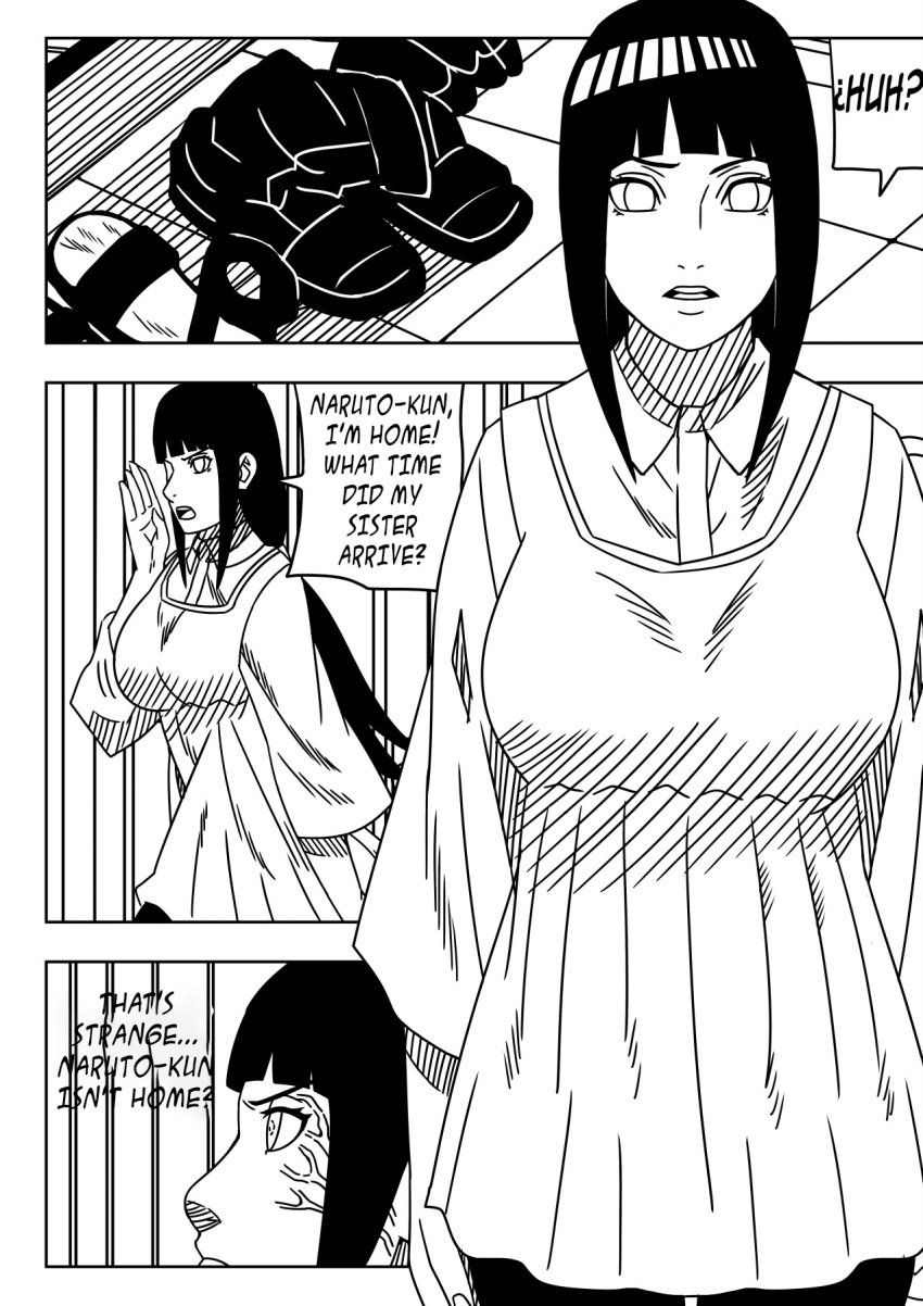 1girls almost_caught alternate_hairstyle blouse blunt_bangs boruto:_naruto_next_generations byakugan comic cuckquean dialogue dress ehglish_text english_translation female female_only footwear footwear_removed hyuuga_hinata implied_cheating implied_sex looking_for_someone low-tied_long_hair low_ponytail mature mature_female milf monochrome naruto naruto_(series) ninrubio pants ponytail searching shoes_removed solo solo_female solo_focus speech_bubble story suspicious uzumaki_naruto very_long_hair walk-in