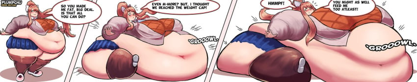 1girls artist_name big_breasts color commission doki_doki_literature_club english_dialogue fat huge_breasts monika_(doki_doki_literature_club) morbidly_obese obese onomatopoeia plumpchu ponytail school_uniform sequence speech_bubble tagme talking_to_viewer thick_thighs wardrobe_malfunction weight_gain