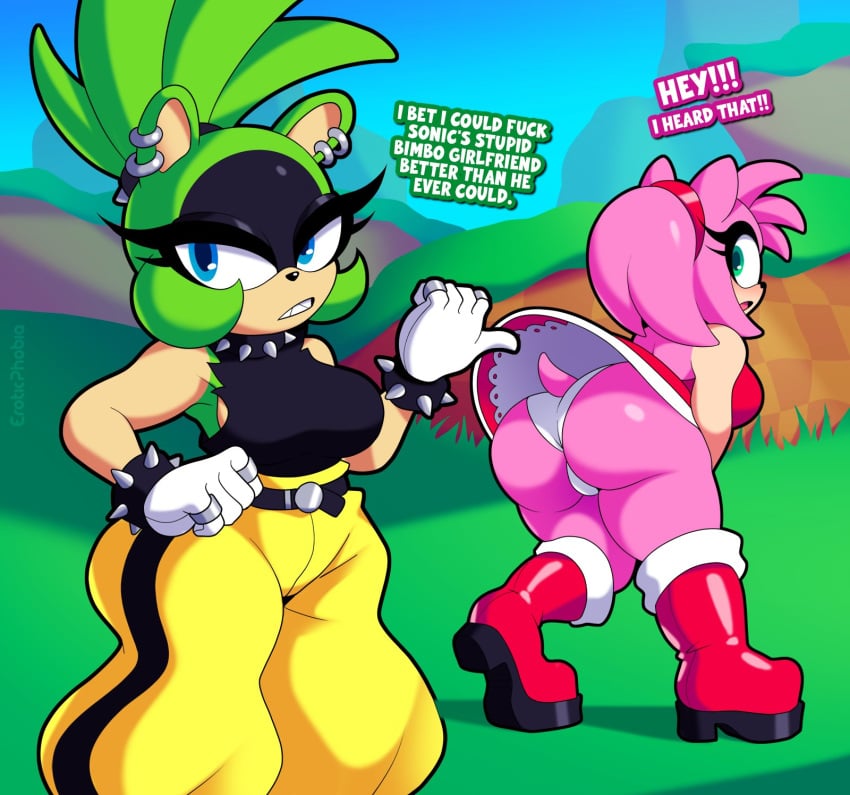 1female 1futa 1futanari 1girls amy_rose anthro ass big_ass big_butt blue_eyes clothed clothing eroticphobia exposed_panties eyelashes female futanari green_body green_eyes green_hair hedgehog hedgehog_humanoid imminent_sex mobian_(species) pants pink_hair sega sharp_teeth sonic_(series) sonic_the_hedgehog_(idw) sonic_the_hedgehog_(series) spiked_collar surge_the_tenrec tenrec tenrec_humanoid thick_ass thick_butt upskirt