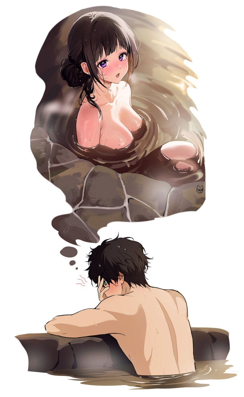 1boy :o absurdres back black_hair blush breasts chitanda_eru collarbone completely_nude covering_face female highres hyouka imagining knees_up large_breasts looking_at_viewer mery_(yangmalgage) nude onsen oreki_houtarou partially_submerged purple_eyes refraction steam wet wet_hair