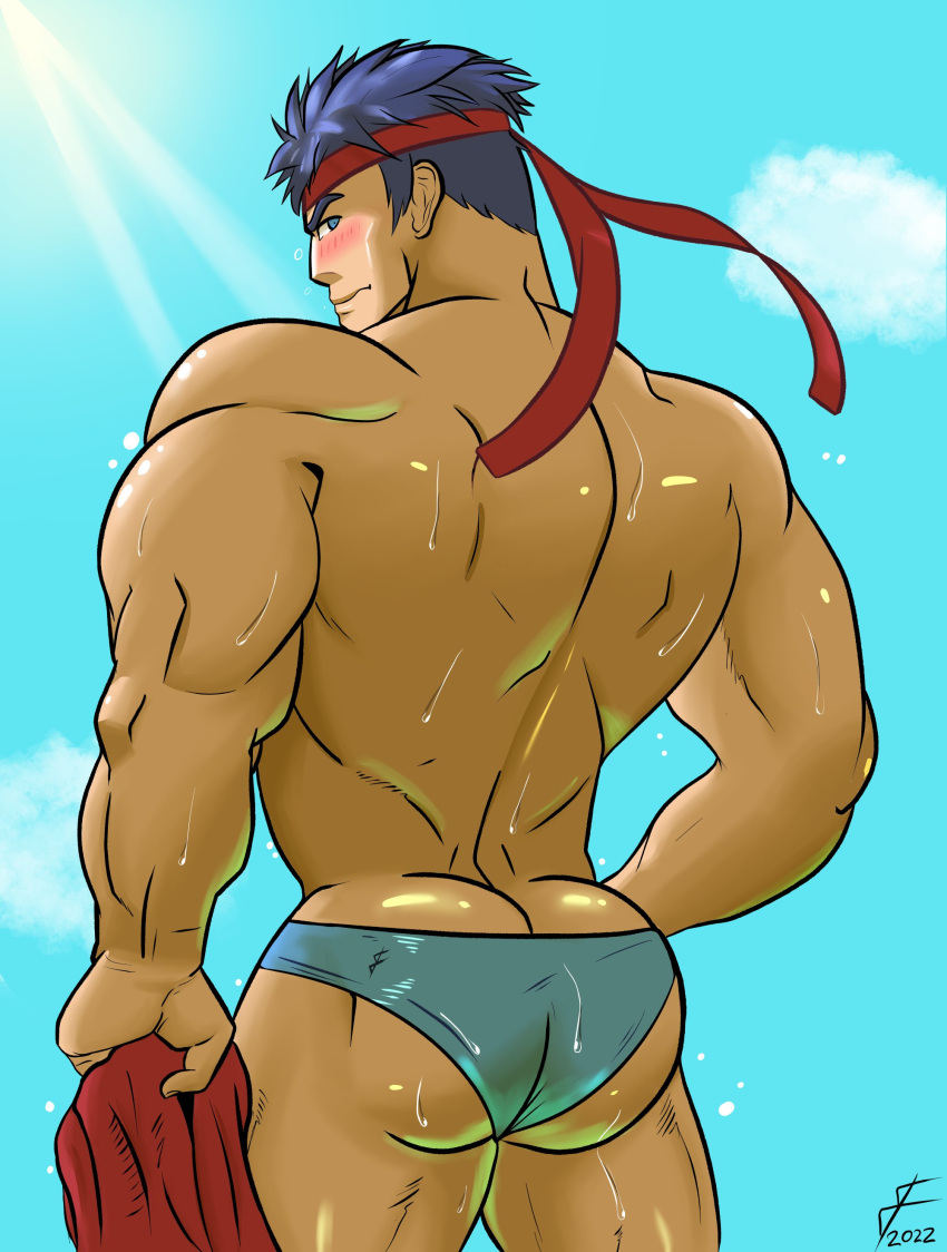 1boy 2022 artist_signature ass back back_view bara bara_ass barodityarts beach biceps big_ass big_butt blue_eyes blue_hair blue_speedo blush bubble_butt embarrassed fire_emblem fire_emblem:_radiant_dawn gay headband hi_res holding_object huge_ass ike_(fire_emblem) looking_at_viewer looking_back male male_only muscular muscular_arms muscular_back muscular_male no_visible_genitalia red_headband short_hair solo solo_male speedo sunlight sweat swimwear thick_ass thighs