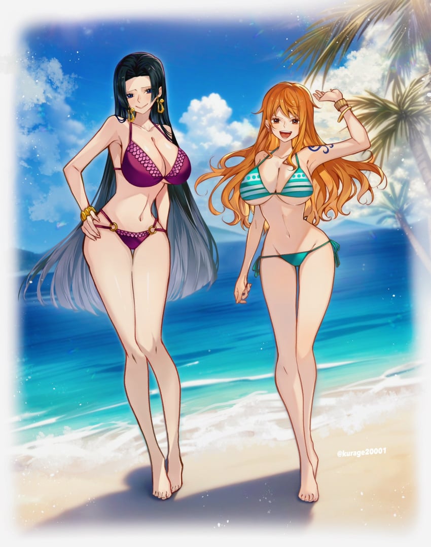 2girls artist_name bangs beach big_breasts bikini black_hair boa_hancock breasts cleavage curvy curvy_figure earrings female female_only green_bikini hand_on_hip hourglass_expansion huge_breasts kurage20001 large_breasts long_hair looking_at_viewer midriff nami nami_(one_piece) navel ocean one_piece open_mouth orange_hair sky smile standing striped_bikini tattoo thighs wide_hips