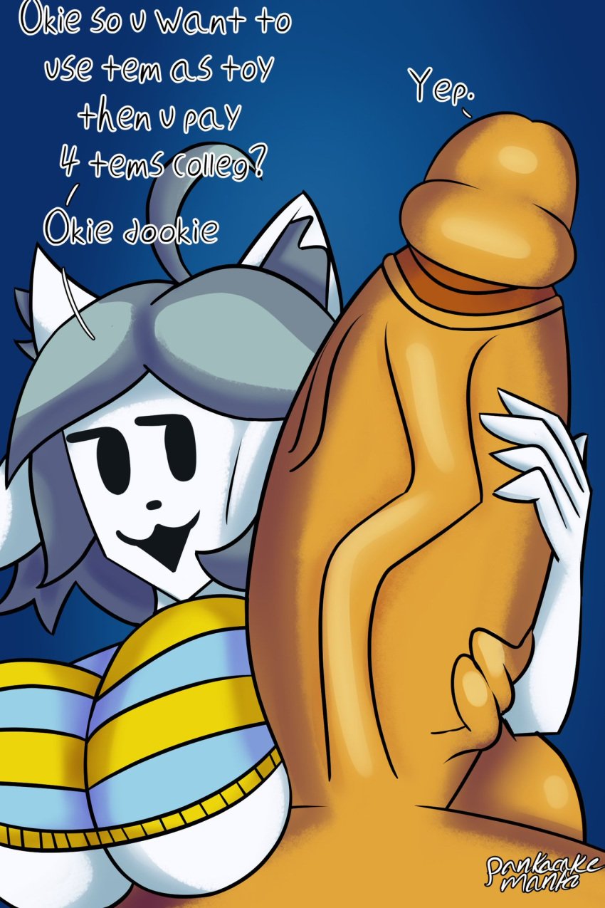 ambiguous_gender anthro big_breasts breasts breasts_bigger_than_head dialogue duo felid feline female genitals handjob hi_res human light-skinned_male mammal pancake_manta penile penis sex stroking_penis temmie_(undertale) under_boob undertale undertale_(series) vein veiny_penis