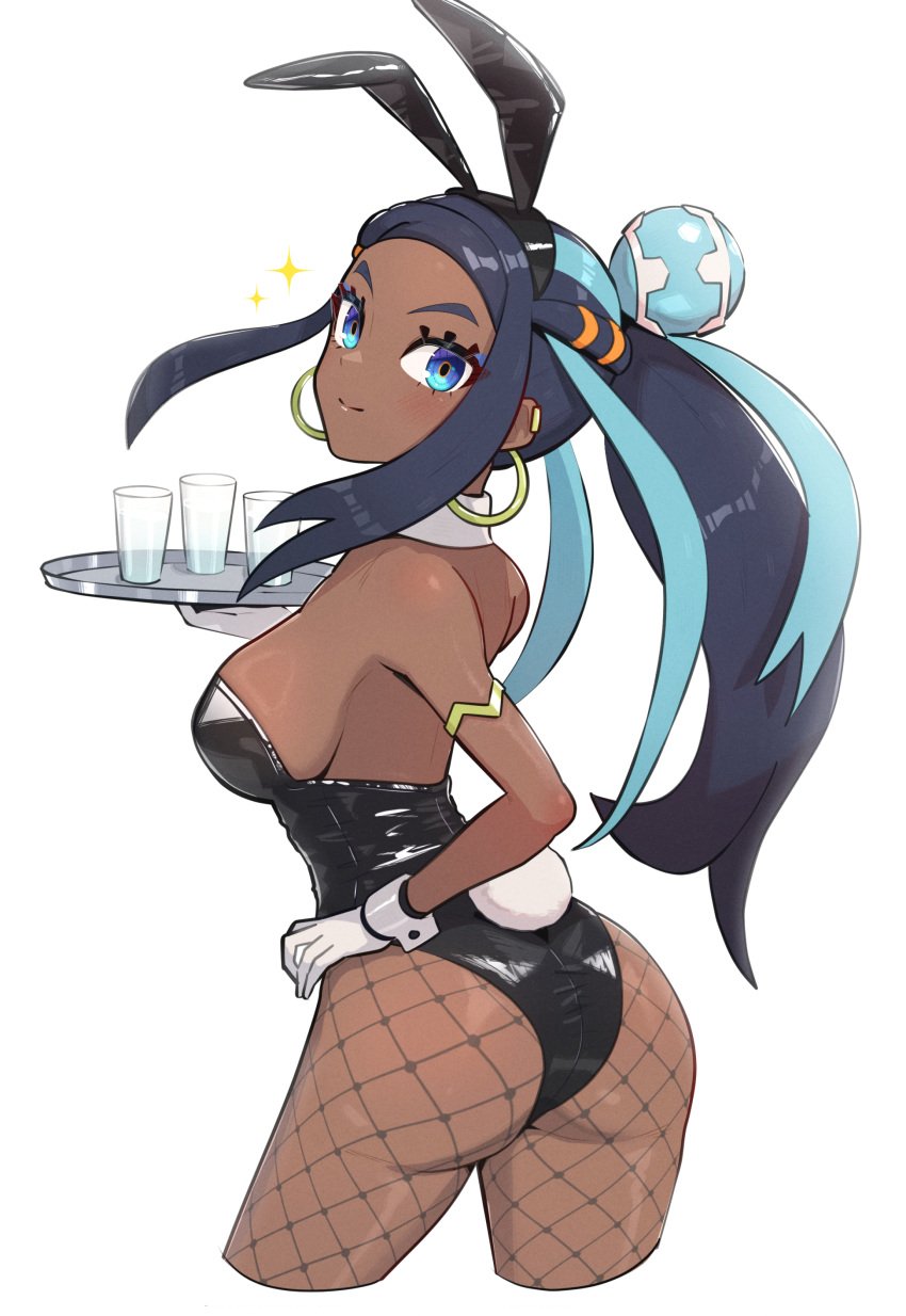 ass bunny_ears bunny_girl bunny_tail bunnysuit dark-skinned_female dark_skin earrings female female_only fishnets gonzarez nessa_(pokemon) nintendo playboy_bunny pokemon sideboob solo tagme tray two_tone_hair waitress