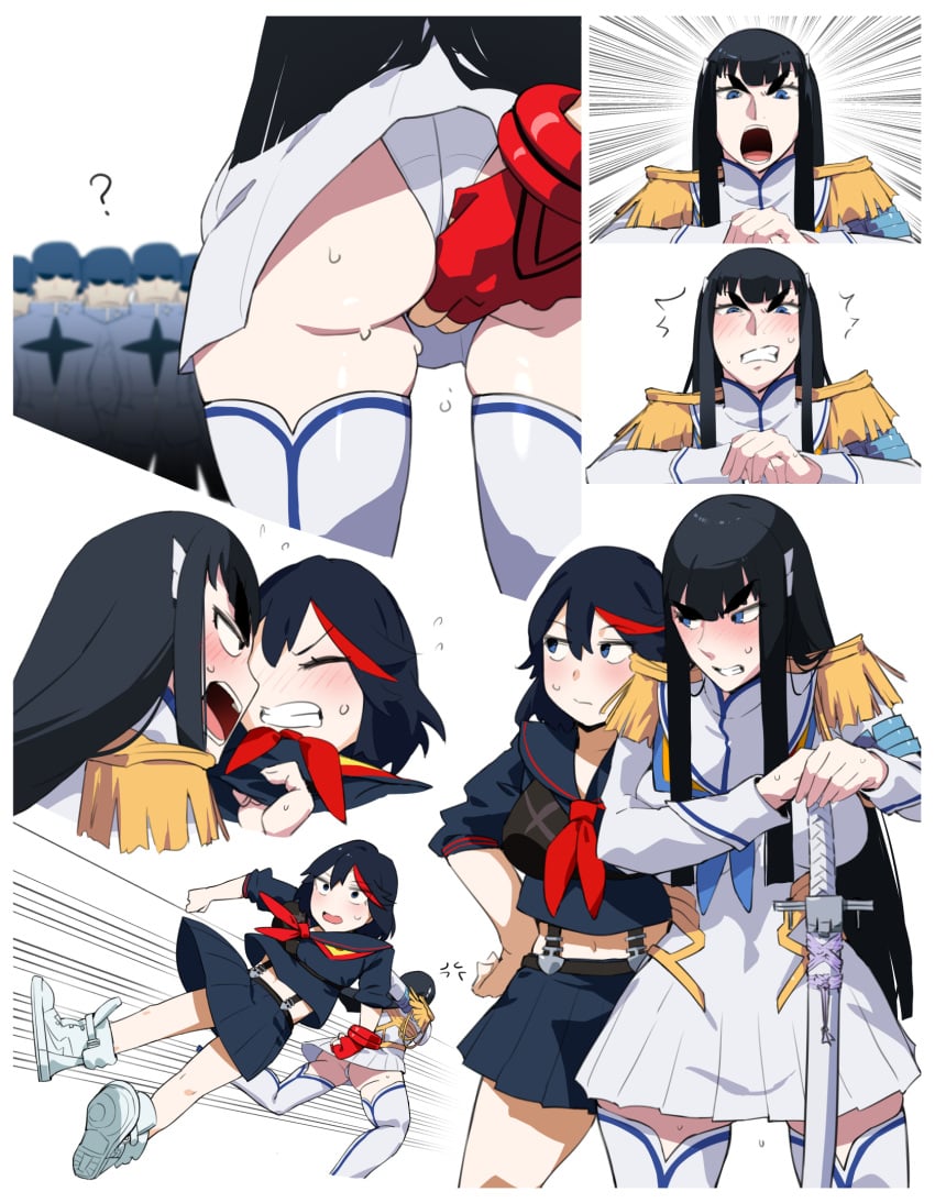 2girls ass bakkanki bakuzan black_hair blue_eyes blush breasts desperate embarrassed fingering fingering_through_clothes fingering_through_panties grabbing highres incest incestuous_desire junketsu kill_la_kill kiryuuin_satsuki large_breasts long_hair matoi_ryuuko multiple_girls needy one-star_student_(kill_la_kill) panties satoriwappa senketsu short_hair sisters sweat thick_eyebrows thighhighs through_clothes underwear white_panties yuri