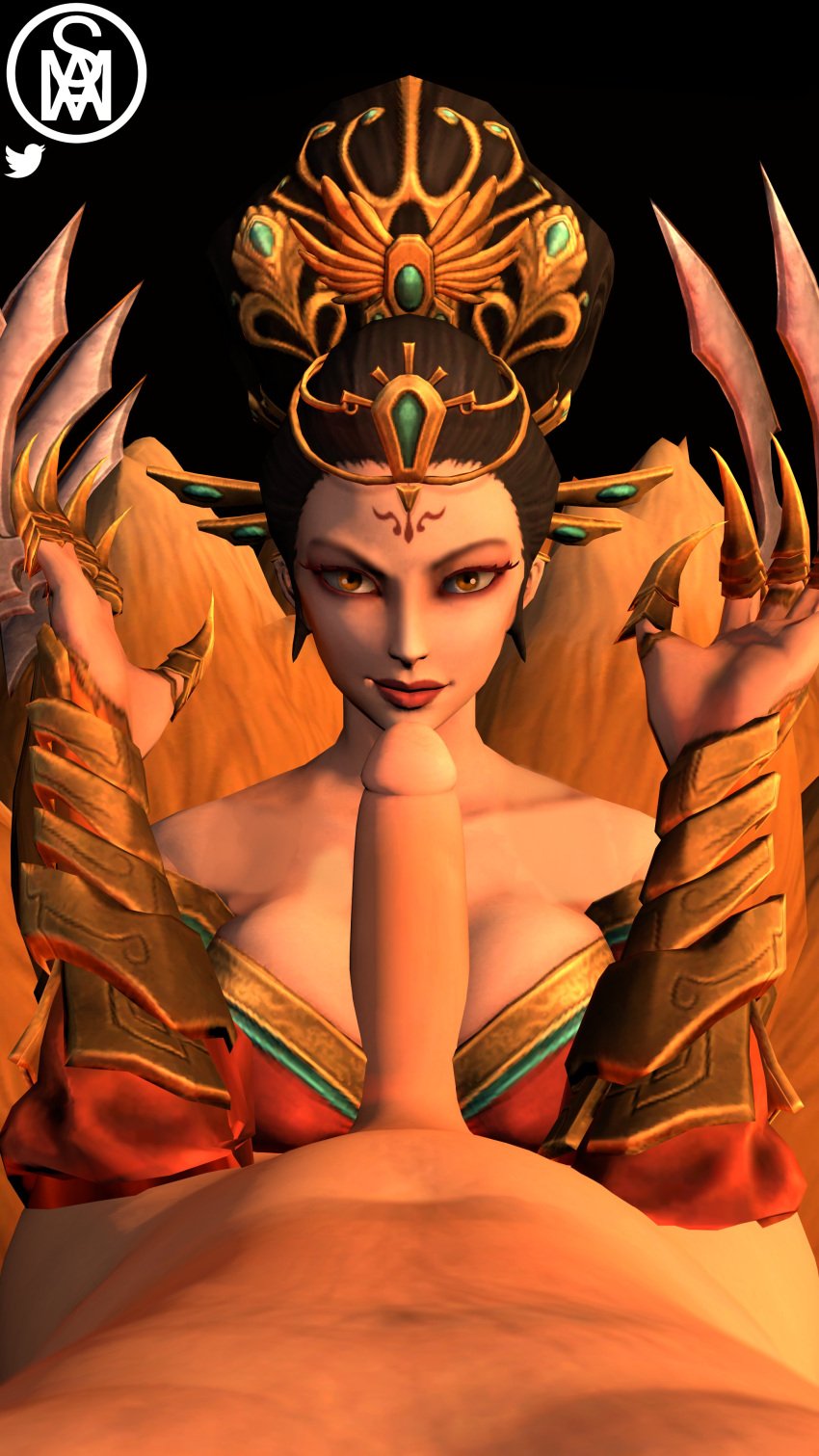 1boy 1girls 3d asian_mythology big_breasts big_penis black_hair chinese_mythology da_ji_(smite) goddess light-skinned_female light-skinned_male light_skin middlemansfm mythology paizuri pov sfm smite