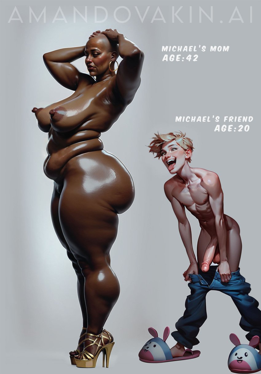 1boy 1girls african african_female age_difference ai_generated amandovakin armpits ass athletic athletic_male bald bald_female balls big_ass big_breasts big_butt big_penis blonde blonde_hair blonde_male breasts butt chubby chubby_female couple dark-skinned_female dark_nipples dark_skin ear_piercing earrings erection fat_ass_mommy female footwear footwear_only heels_only high_heels high_heels_only hoop_earrings huge_ass huge_butt interracial jeans larger_female light-skinned_male light_skin looking_at_ass milf mommy_kink motherly_cuckold nipples nude nude_female older_female pants pants_down penis shoes size_difference slippers smaller_male standing staring staring_at_ass tongue tongue_out undressing younger_male