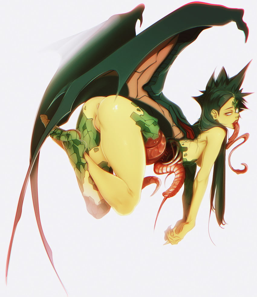 anus arms_at_sides ass barefoot bat_wings black_hair black_wings body_horror breasts completely_nude feet female full_body grey_eyes hanging_breasts highres horror_(theme) long_hair long_tongue looking_back manananggal_(megami_tensei) manananggal_(mythology) megami_tensei monster_girl nightmare_waifu non-web_source nude obj_shep open_mouth original pussy red_lips shin_megami_tensei simple_background solo spiked_hair straight_hair thighs tongue tongue_out variant_set very_long_tongue white_background wings