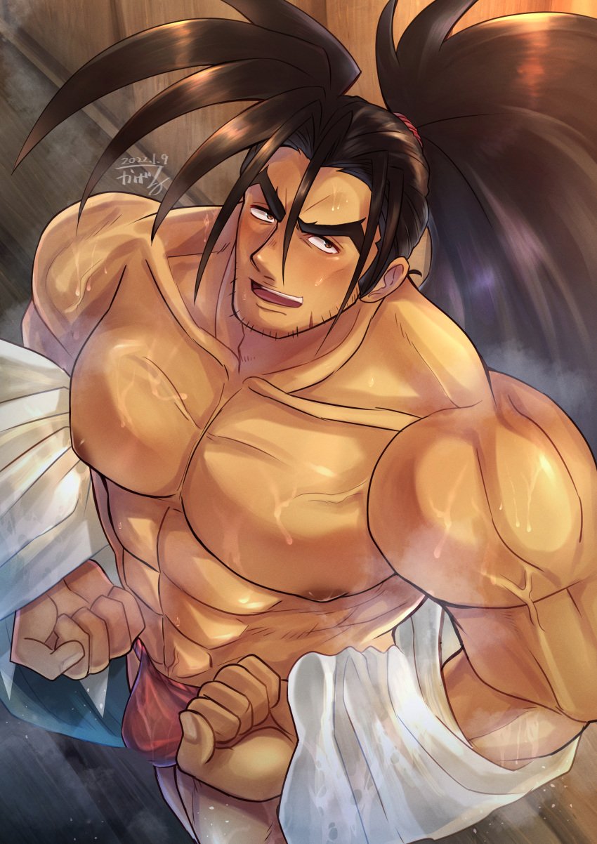 1boy 2022 bara barazoku blush bulge fundoshi haohmaru hi_res highres japanese_clothing looking_at_viewer male male_nipples male_only mofnyan muscular_male nipples penis_outline samurai_shodown underwear