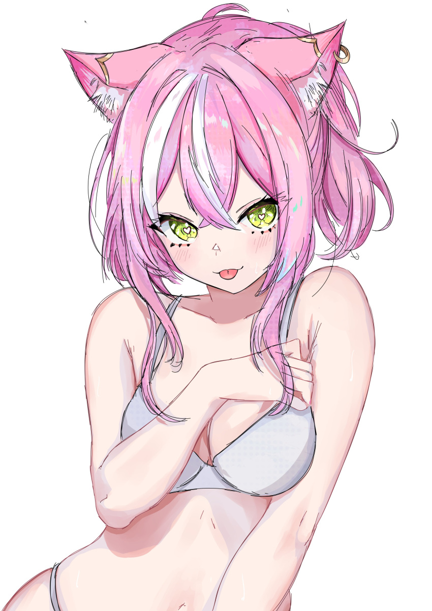 alternate_hairstyle animal_ears apple_green_eyes bare_shoulders belly_button blush bra cat_ears catgirl detailed_eyes ear_piercing enya_yoruneko eyelashes eyes eyes_visible_through_hair female female_focus female_only front_view green_eyes heart-shaped_pupils heart_pupils indie_virtual_youtuber inner_ear_fluff light-skinned_female light_skin looking_at_viewer messy_hair nose padded_bra petite pink_ears pink_hair raised_shoulders short_hair shoulders shoulders_raised simple_background solo solo_female sticking_out_tongue stplun suggestive suggestive_look thick_eyelashes thong tongue two_tone_hair underwear upper_body virtual_youtuber vtuber vtuberfanart white_background white_bra white_hair white_highlights