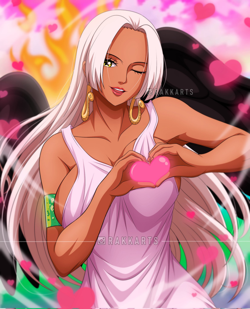 1girls aged_up black_wings boa_hancock breasts dark-skinned_female dark_skin earrings factory female female_only fire fully_nude heart long_hair lunarian nipples one_piece one_piece:_egghead_arc oppai rakara11 s-snake_(one_piece) seraphim_(one_piece) smile snake_earrings solo star-shaped_pupils star_eyes wink winking_at_viewer