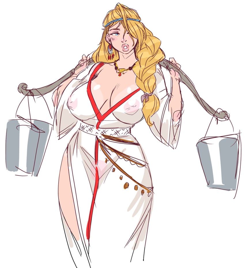 big_breasts blonde_hair bucket carrying_object cleavage curvy dress fizzz long_hair sketch solo water_bucket