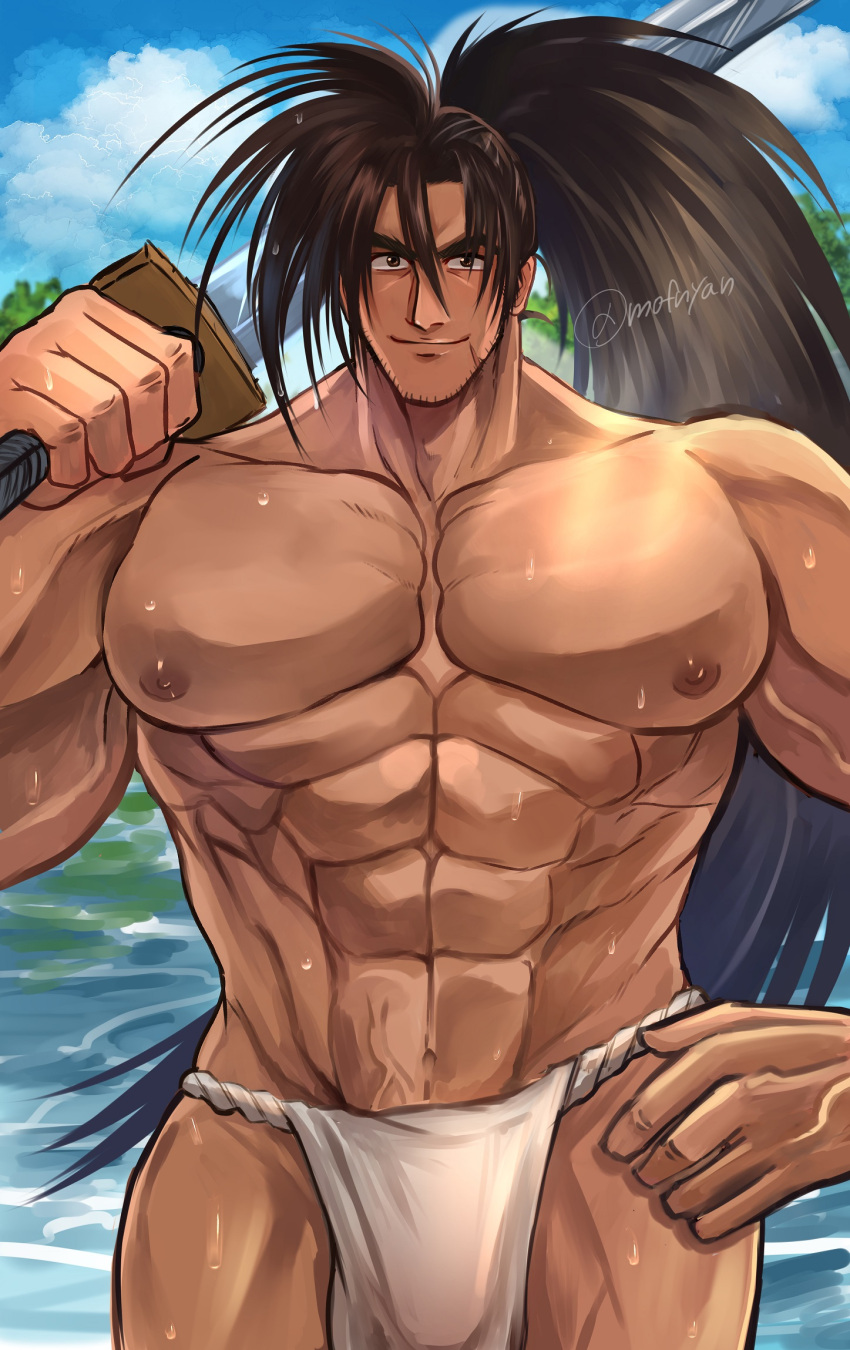 1boy 2023 bara barazoku big_bulge bulge fundoshi haohmaru hi_res highres japanese_clothing looking_at_viewer male male_nipples male_only mofnyan muscular_male nipples samurai_shodown underwear