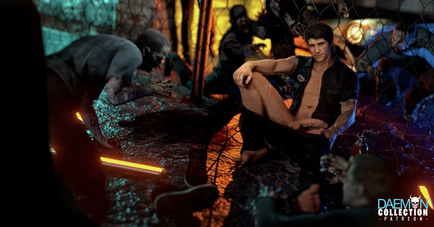 1boy black_hair daemoncollection dead_rising fence masculine nick_ramos penis presenting sitting solo undressing